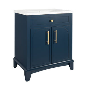 English Elm 27.8" Mid-century Freestanding Bathroom Vanity with Ceramic Sink Drawer and Wood Base Blue W1801S00005