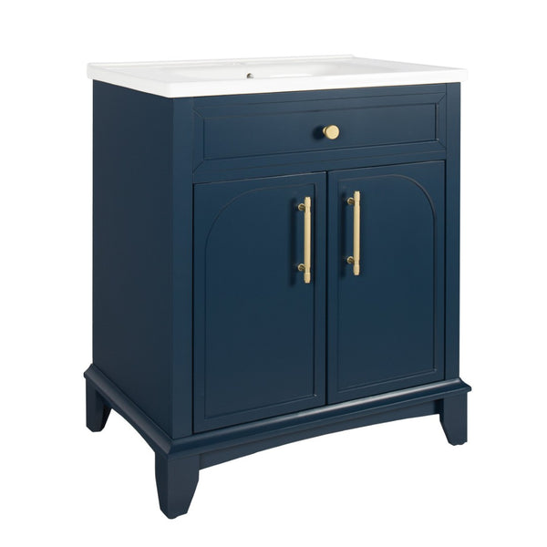 English Elm 27.8" Mid-century Freestanding Bathroom Vanity with Ceramic Sink Drawer and Wood Base Blue W1801S00005