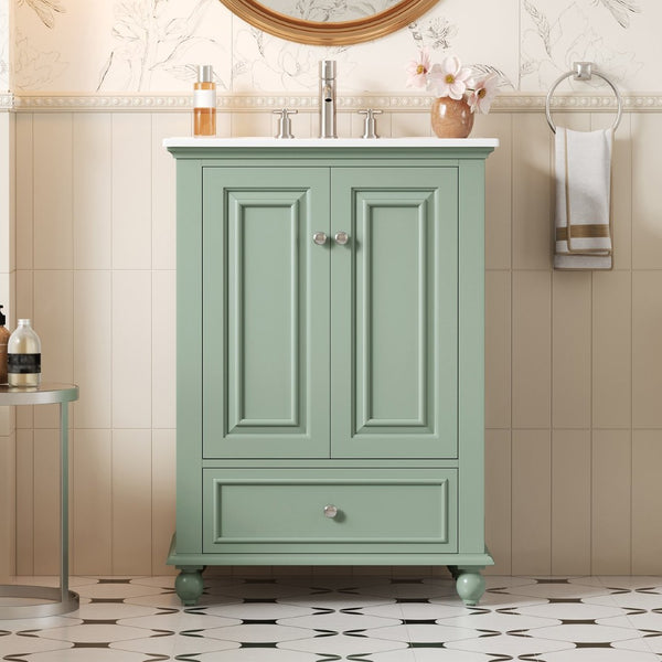 English Elm 24'' French Style Bathroom Vanity with Ceramic Sink Soft Close Cabinet and Drawer Green N710P411227F
