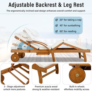 English Elm U_style Acacia Wood Outdoor Chaise Lounger with Reclining Backrest Cushions and Side Tray Beige N711P415859A