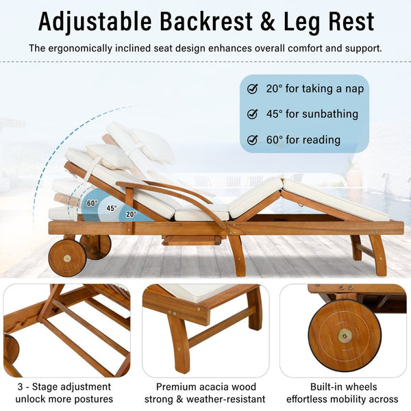 English Elm U_style Acacia Wood Outdoor Chaise Lounger with Reclining Backrest Cushions and Side Tray Beige N711P415859A
