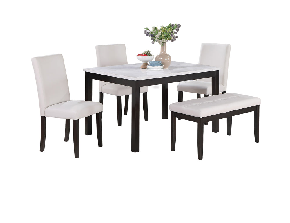 English Elm Classic 5pc Dining Set with Faux Marble Top, White Finish, Tufted Bench & 3 Cushioned Faux Leather Chairs B011P184982