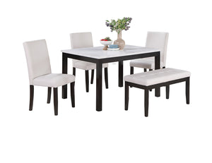 English Elm Classic 5pc Dining Set with Faux Marble Top, White Finish, Tufted Bench & 3 Cushioned Faux Leather Chairs B011P184982