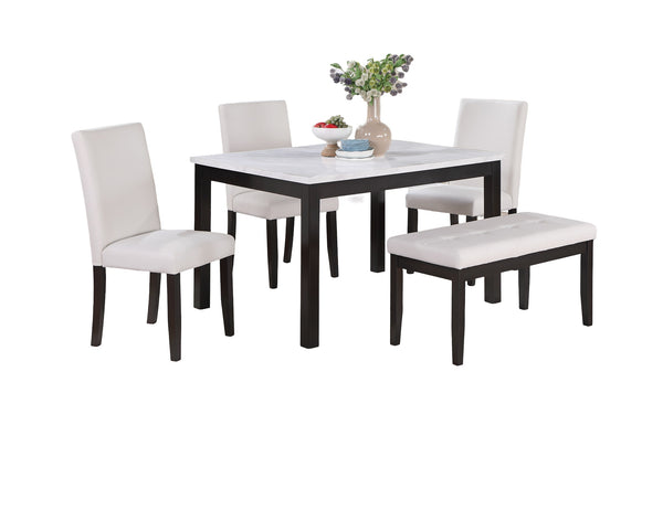 English Elm Classic 5pc Dining Set with Faux Marble Top, White Finish, Tufted Bench & 3 Cushioned Faux Leather Chairs B011P184982