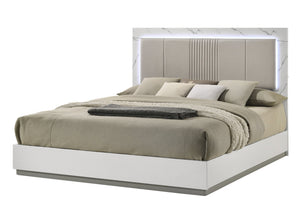 English Elm Mist Queen Bed - Two-Tone Marble-Inspired Lacquer Frame with Padded Headboard & Ambient LED Lighting B009S01743