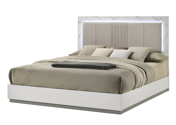 English Elm Mist Queen Bed - Two-Tone Marble-Inspired Lacquer Frame with Padded Headboard & Ambient LED Lighting B009S01743