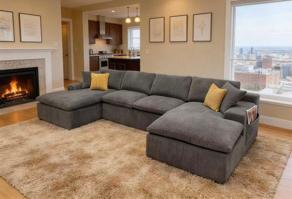 English Elm Coffee-bean Curved Upholstered Sectional Sofa with Plush Seating and Built-in Side Pocket Light Gray B2748S00064