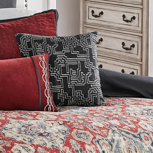 English Elm Sadler Queen 9-Piece Comforter Set in Deep Burgundy & Blue Jewel Tones with Embroidered Pillows, Faux Linen Medallion Pattern, Polyester B340P341980