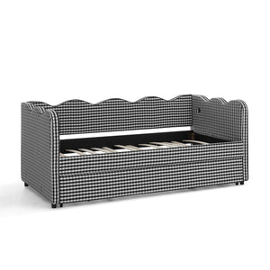 English Elm Cozy Twin Gingham Daybed with Trundle Sofa Bed, Linen Upholstery, USB Port, Wave Frame Design Black W1413S00102