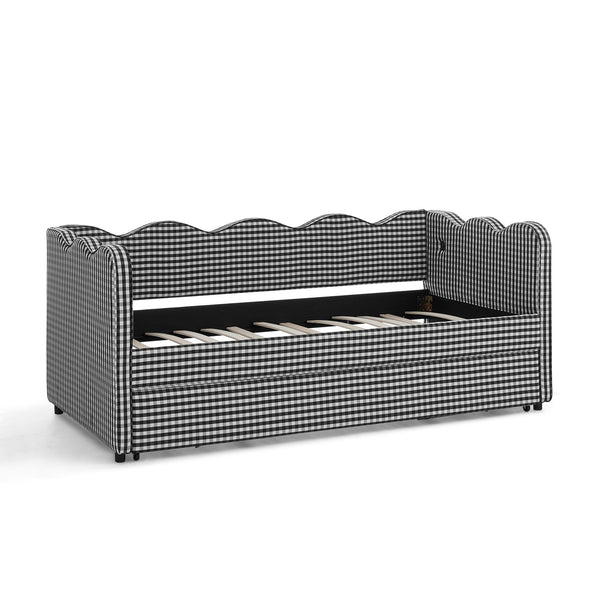 English Elm Cozy Twin Gingham Daybed with Trundle Sofa Bed, Linen Upholstery, USB Port, Wave Frame Design Black W1413S00102