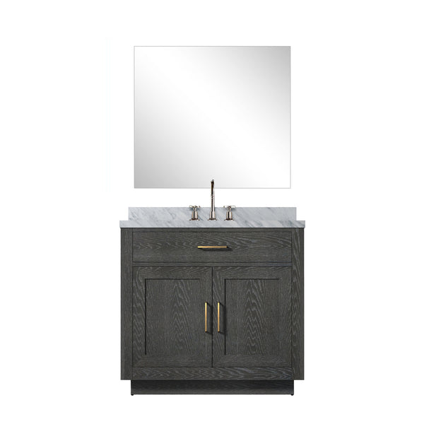 English Elm Black Oak Single Bath Vanity Set With Carrara Marble Top, Chrome Faucet, And Frameless Mirror 34" B2731S02208
