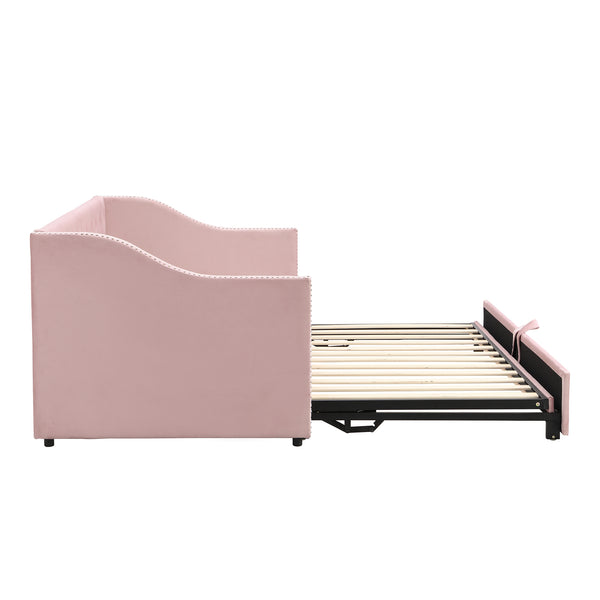 English Elm Twin Upholstered Daybed with Pop-Up Trundle, Space-Saving Guest Bed with Slats, Hydraulic Wheels, 81.9" L Pink SF000133AAH
