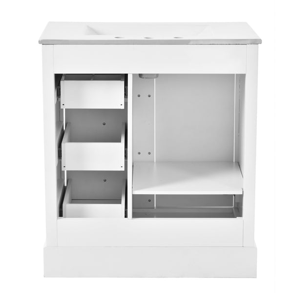 English Elm 30-Inch elegant bathroom vanity with ceramic basin, soft-close drawers, adjustable shelves, durable finish White N729P176237K