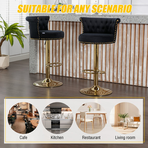 English Elm UNITED Velvet 360° Rotating Bar Chair with Diamond Stitching, Gold Frame, Plush Foam Seat, Adjustable Height Black W1568P361716