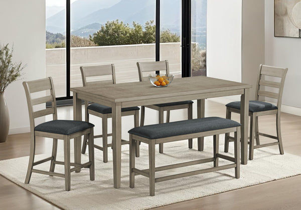 English Elm Bench, 46" Transitional Upholstered Dining/Kitchen Bench in Antique Grey Wood with Padded Black Seat, 250 lb Capacity B2710P287014