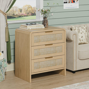 English Elm Rattan Drawer Nightstand Set with Built-in Charging Station and Open Shelf Bedroom Storage Oak W1820P416765