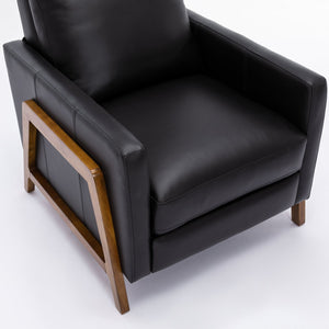 English Elm Richland Mid-Century Top Grain Leather Push Back Recliner with Exposed Wood Frame and Coil Seating Black B050P366074