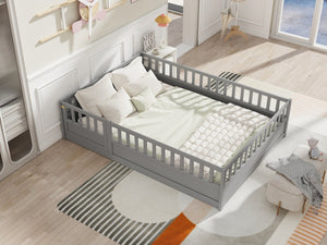 English Elm Full Montessori Floor Bed Frame With High-Security Barrier & Clockwise Door - Cozy Gray Design W1858P164944