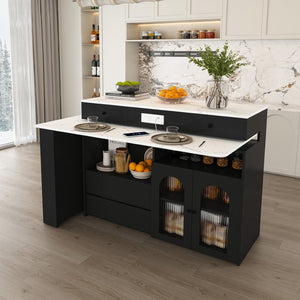 English Elm Kitchen Island Marble Veneer Retro Style Rotating Expandable Top Built-in Outlets Mdf Black W2700S00119