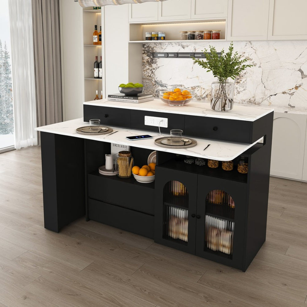 English Elm Kitchen Island Marble Veneer Retro Rotating Expandable Dining Station with Storage W2700P392937