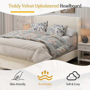 English Elm Queen Platform Bed Teddy Velvet Upholstered Tall Headboard Solid Wood Legs Modern W1716P335671