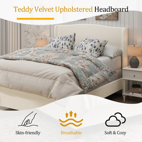 English Elm Queen Platform Bed Teddy Velvet Upholstered Tall Headboard Solid Wood Legs Modern W1716P335671