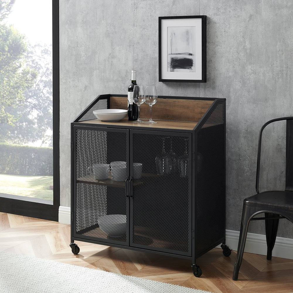 English Elm Walker Edison - Urban Industrial Mesh Door Tray-Top Bar Cabinet Rustic Oak Dark Brown w/ Stemware Rack & Locking Casters B185P244094