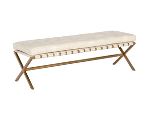 Sunpan Kenji Bench - Elegant Trestle Style with Brushed Gold Finish and Button Tufted Faux Leather Seat Small