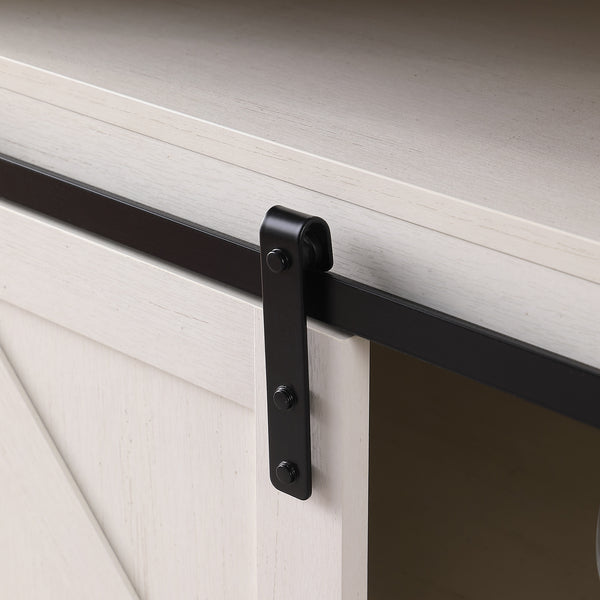 English Elm Farmhouse Sliding Barn Door Wine Cabinet with Thick Top, Rustic Oak & Antique White Finish, Space-Saving Storage W3151P264504