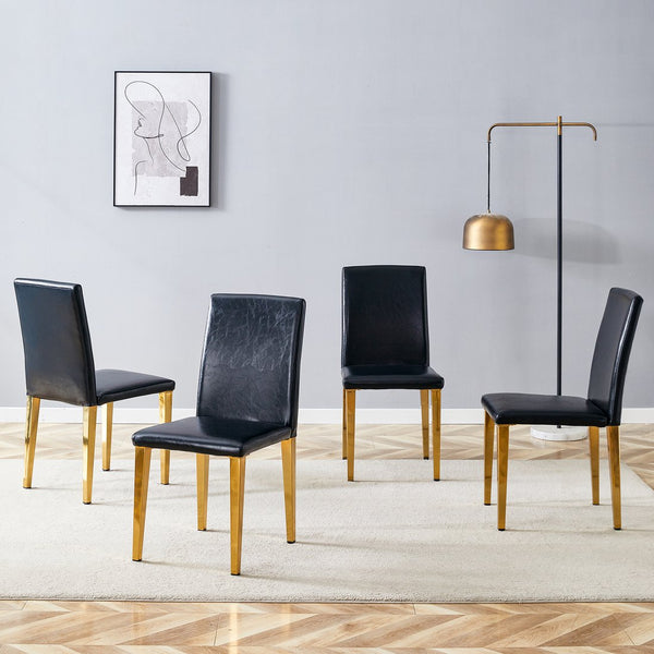 English Elm Four PU dining chairs with sleek silver metal legs, ergonomic PU seats, anti-slip feet, easy assembly, modern minimalist style Black+Gold W1151P269024