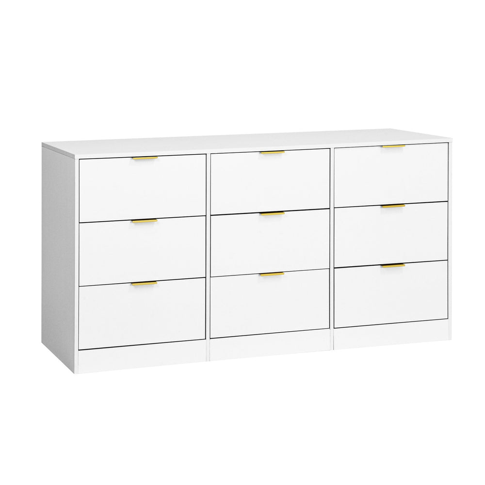 English Elm White 9 Drawer Dresser with Gold Handles — 63" Deep Wooden Chest, Spacious Storage for Bedroom & Living W409P307594