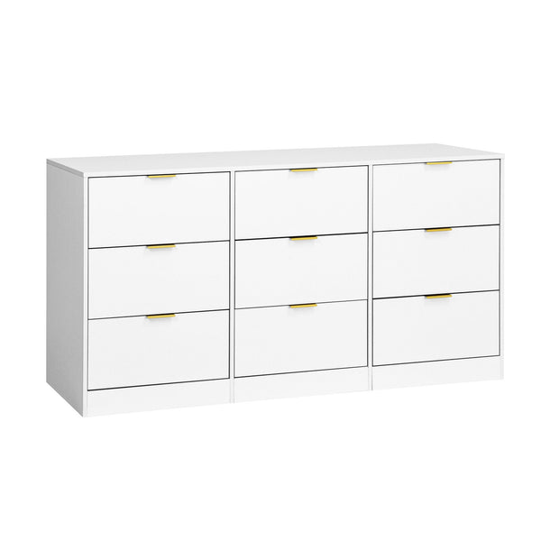 English Elm White 9 Drawer Dresser with Gold Handles — 63" Deep Wooden Chest, Spacious Storage for Bedroom & Living W409P307594