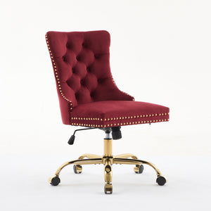 English Elm A&A Elegant Chenille Tufted Office Chair with Hand-Pulled Buttons, Nailhead Trim & Gold Chrome Base WINE RED W1143P369093
