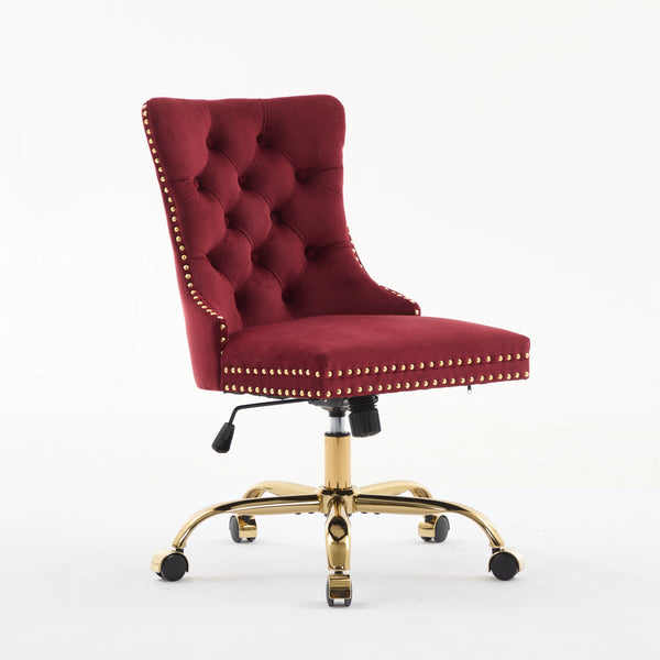 English Elm A&A Elegant Chenille Tufted Office Chair with Hand-Pulled Buttons, Nailhead Trim & Gold Chrome Base WINE RED W1143P369093