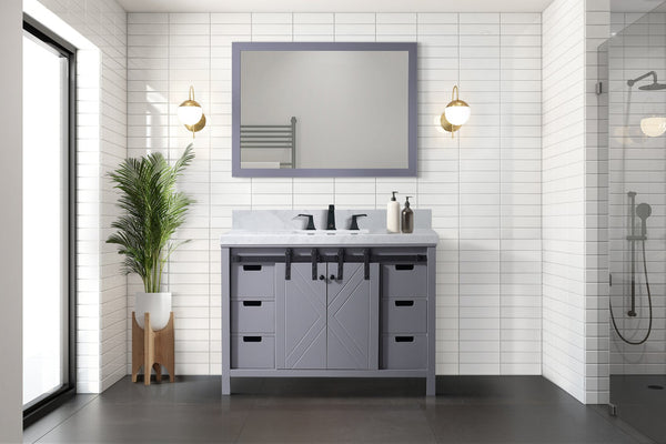 English Elm Dark Grey Bath Vanity Set With Carrara Marble Top & Matching Mirror - Elegant Storage Solution! B2731S00716