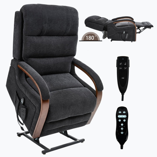 English Elm Power Lift Recliner Chair Chenille Upholstery Dual Motor Heat Massage Solid Wood Arms Black W1803S00076