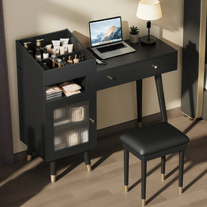 English Elm Modern Makeup Vanity Desk with Reeded Glass Door, 4-Compartment Cubby, Charging Port & Stool Comfortable Craftsmanship for Compact Spaces Black N844P285187B