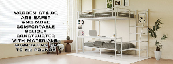 English Elm Black Metal Loft Bed with Built-in Desk Rgb Led Lighting and Charging Station White W1671S00010