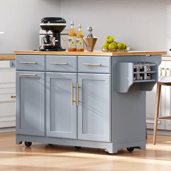 English Elm K&K Vintage Kitchen Island with Rubberwood Top, Hidden Wheels, Pull-Out Trash & Charging Station Grey+Blue N707P299014G