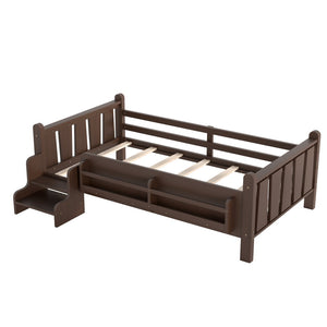English Elm Twin Pine Floor Bed for Kids with Side Bookcases Built-in Stairs and Safety Guardrails Espresso W1580P390217