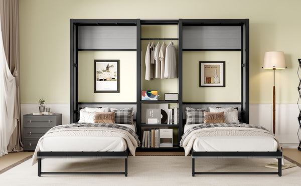 English Elm Twin Twin Murphy Bed with Metal Frame, Foldable 2-in-1 Space-Saving Design, Built-In Wardrobe, Shelves, Power Outlets and Durable Storage Solution Gray W1580S00148