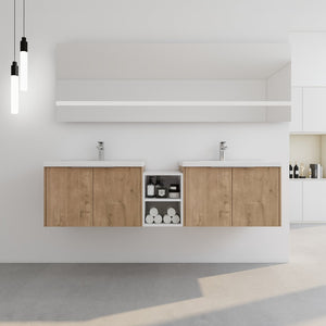 English Elm 72 Inch Wall Mounted Vanity with Resin Sink, Soft-Close Doors, Ample Storage Shelves, Durable Eco Plywood Finish Imitative Oak W999S00188