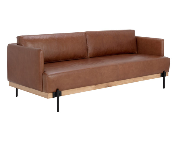 Sunpan Saul Sofa - Handcrafted Comfort with Rustic Oak Frame and Black Iron Legs for Timeless Elegance Shalimar Tobacco Leather