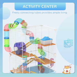 English Elm PawHut 5-Tier Hamster Cage with Tubes, Wheel & Accessories, Portable Handle, Safe Ventilated Home W2225P249991
