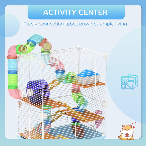 English Elm PawHut 5-Tier Hamster Cage with Tubes, Wheel & Accessories, Portable Handle, Safe Ventilated Home W2225P249991
