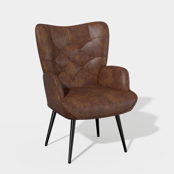 English Elm Elegant Upholstered Chair Ergonomic Wing-Back Armchair with PU Leather, Metal Legs, 150kg Capacity Brown T3950P394352