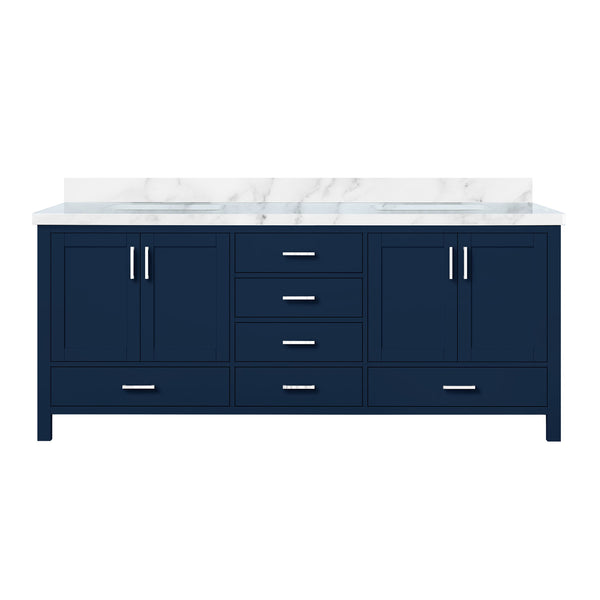 English Elm Navy Double Bath Vanity 80"W x 22"D with Carrara Marble Top, Solid Wood, Soft-Close Drawers, Storage B2731P258957
