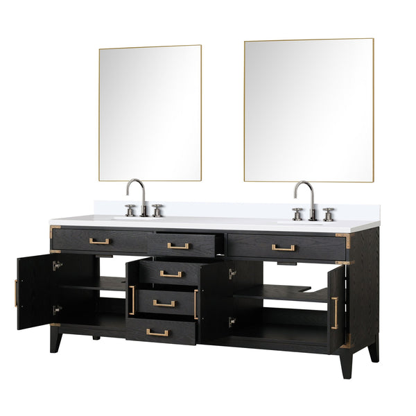 English Elm Black Oak Double Bath Vanity With White Quartz Top, Chrome Faucet & Two 36-Inch Mirrors Included B2731S02191