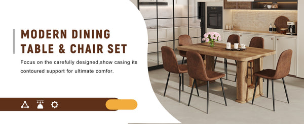 English Elm Table And Chair Set - Modern 64.5" Wood-Textured Dining Table With 6 Ergonomic Brown Chairs W1151S04086-GIGA