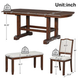 English Elm 6-Piece Dining Table Set, 60Inch To 78Inch Extendable Wood Dining Table With Removable Leaf, Kitchen Table Set With 4 Upholstered Side Chair and Bench, Dining Table Set For 6 (Cherry)